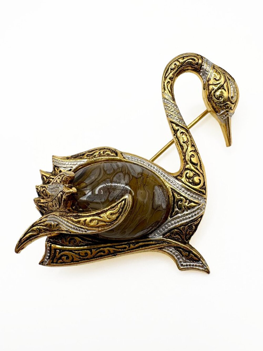Vintage Swan Damascene Marbled Glass Jelly Belly Brooch